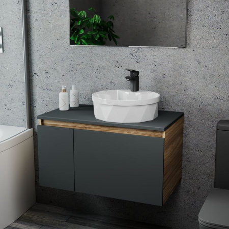 Комплект для ванной, 3 предмета (Тумба подвесная Bau Blackwood 80 графит + Раковина BAU D40, с отв. под см-ль, Смеситель Cerama Black, черный)