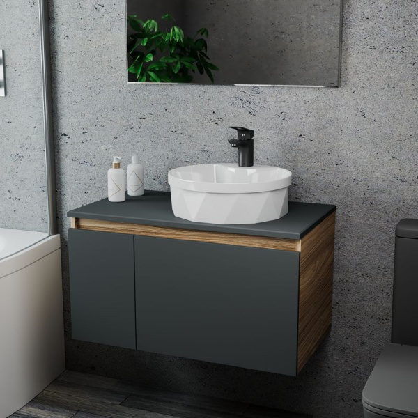 Комплект для ванной, 3 предмета (Тумба подвесная Bau Blackwood 80 графит + Раковина BAU D40, с отв. под см-ль, Смеситель Cerama Black, черный)