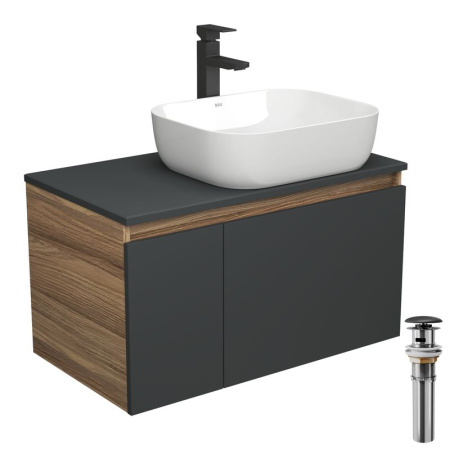 Комплект для ванной, 4 предмета (тумба Bau 80, графит + раковина BAU Stil Pro Pro 50х40 + смеситель Hotel Black, выпуск клик-клак, черный)