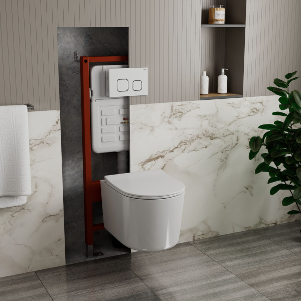 Комплект BAU 6 в 1: усиленная инсталляция BAU IDEAL, унитаз подвесной безободковый Bau Hotel PRO, сиденье микролифт, клавиша BAU Strike, белая/хром