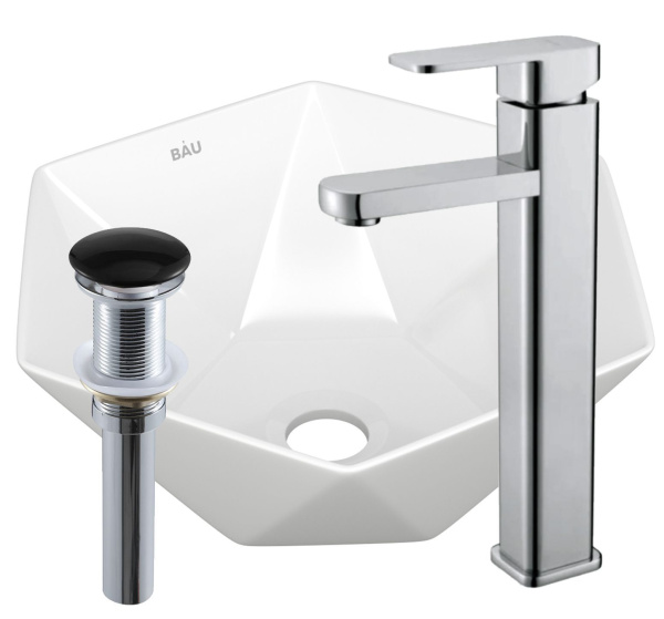 Раковина накладная со смесителем и выпуском (на столешницу BAU Crystal 40х40, белая + смеситель Hotel Still, нер. сталь, выпуск клик-клак черный)