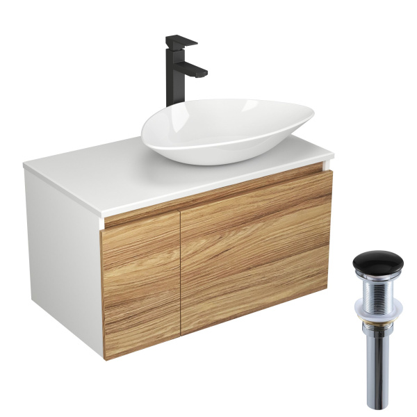 Комплект для ванной, 4 предмета (Тумба Bau Dream Blackwood 80, раковина BAU Triangle 59х39, смеситель для раковины высокий Hotel Black, черный, выпуск клик клак, черный)