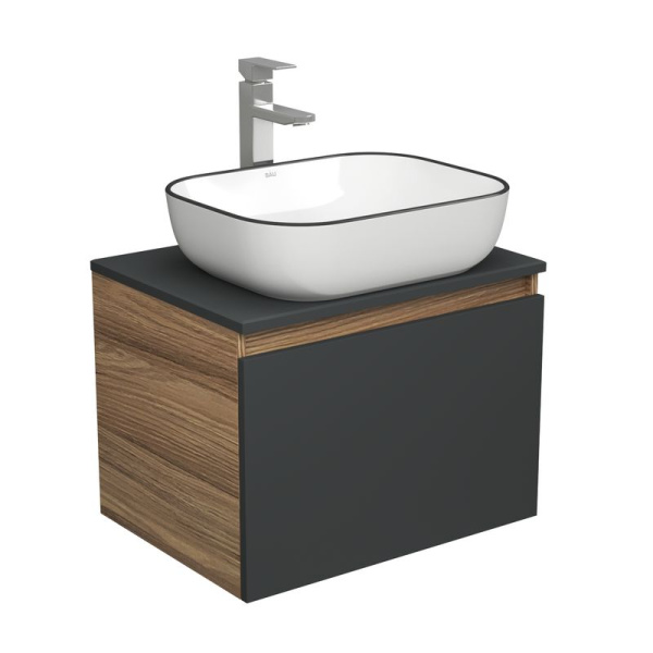 Комплект для ванной, 3 предмета (тумба Bau Dream 60, графит + раковина санфаянс накладная BAU Stil Black Rand 50х40, смеситель высокий Hotel Still)