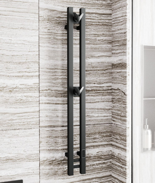 Полотенцесушитель дизайнерский электрический, профильный BAU Stella Square 10х120, 2 коллектора, 2 крючка, черный матовый