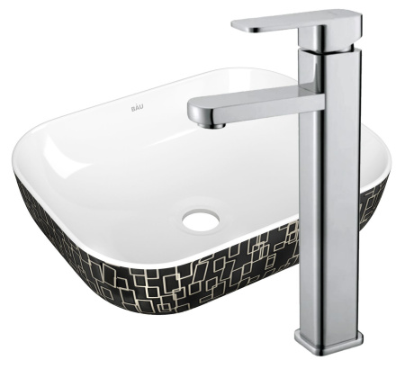 Раковина накладная со смесителем (прямоугольная BAU Stil 50х40, белая/черная с орнаментом + смеситель Hotel Still, нержавеющая сталь)