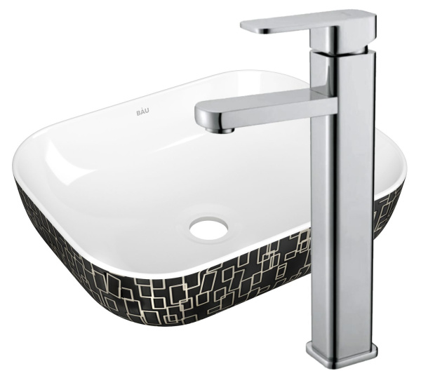 Раковина накладная со смесителем (прямоугольная BAU Stil 50х40, белая/черная с орнаментом + смеситель Hotel Still, нержавеющая сталь)