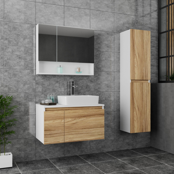 Комплект мебели для ванной, 2 предмета (Тумба подвесная Bau Dream Blackwood 80, зеркальный шкаф Bau Dream 80, белый)