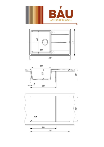 Мойка для кухни врезная кварцевая в комплекте с сифоном BAU Stil Gray silk 78х51, серый шёлк