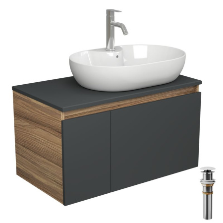 Комплект для ванной, 4 предмета (Тумба подвесная Bau Blackwood 80 графит + Раковина BAU 60х42, с отв. под см-ль + Смеситель Dream, выпуск белый)