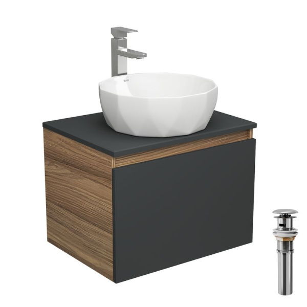 Комплект для ванной, 4 предмета (тумба Bau 60, графит + раковина на столешницу BAU Diamond D40 + смеситель Hotel Still, выпуск клик-клак, хром)