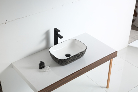 Раковина накладная со смесителем (прямоугольная BAU Stil 50х40, белая/черная с орнаментом + смеситель высокий Hotel Black, черный)