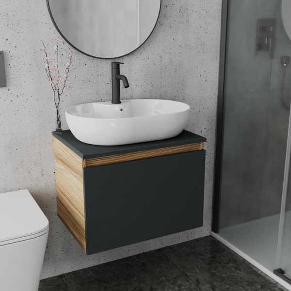 Комплект для ванной, 3 предмета (Тумба подвесная Bau Blackwood 60 графит + Раковина BAU 60х42, с отв. под см-ль, Смеситель Dream Black, черный)