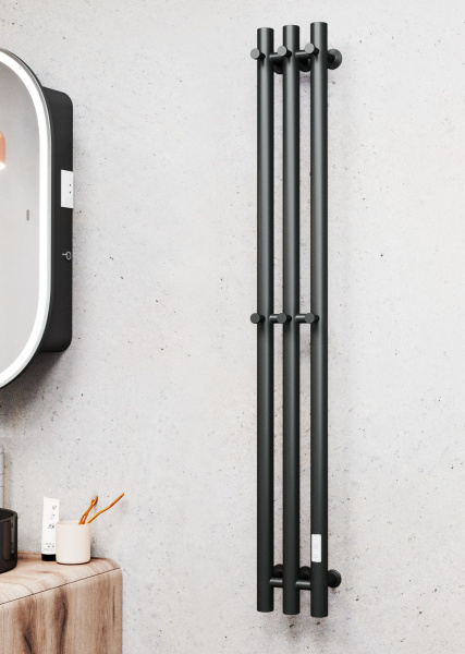 Полотенцесушитель, дизайн-радиатор электрический Маргроид BAU Inaro III 120х12, 6 крючков, черный матовый RAL 9005 с таймером