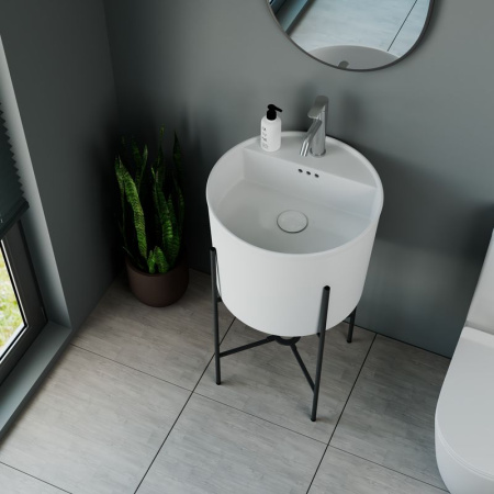 Раковина напольная с металлическими ножками и выпуском (BAU Omega белая + смеситель Dream, выпуск клик-клак белый)