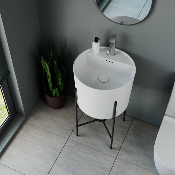 Раковина напольная с металлическими ножками и выпуском (BAU Omega белая + смеситель Dream, выпуск клик-клак белый)