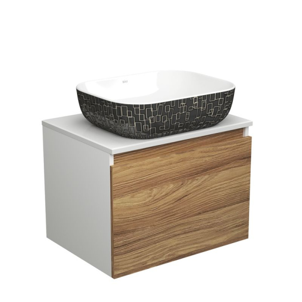 Тумба с раковиной (тумба подвесная под раковину Bau Dream Blackwood 60 + раковина санфаянс накладная BAU Stil Black White 50х40, белая/черная)