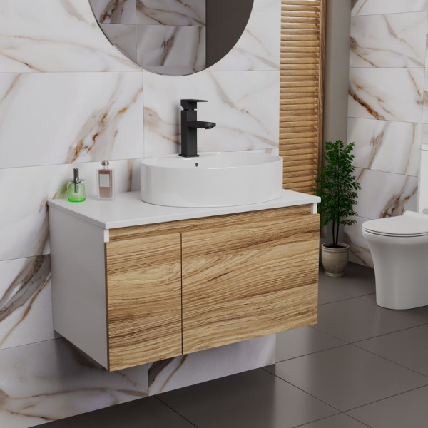 Комплект для ванной, 3 предмета (Тумба подвесная Bau Blackwood 80 + Раковина BAU 51х41, с отв. под см-ль, Смеситель Hotel Black, черный)