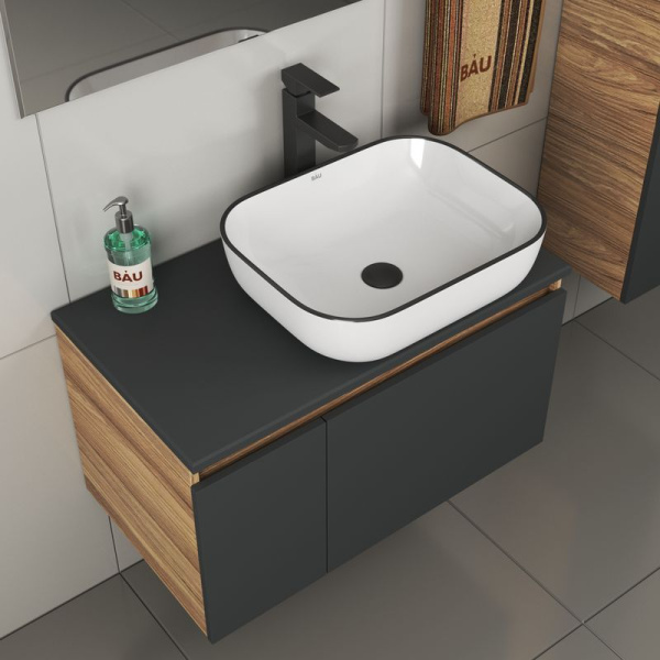 Комплект для ванной, 4 предмета (тумба Bau 80, графит + раковина BAU Stil Black Rand 50х40 + смеситель Hotel Black, выпуск клик-клак, черный)