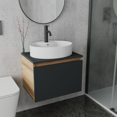 Комплект для ванной, 3 предмета (Тумба подвесная Bau Blackwood 60 графит + Раковина BAU 51х41, с отв. под см-ль, Смеситель Dream Black, черный)