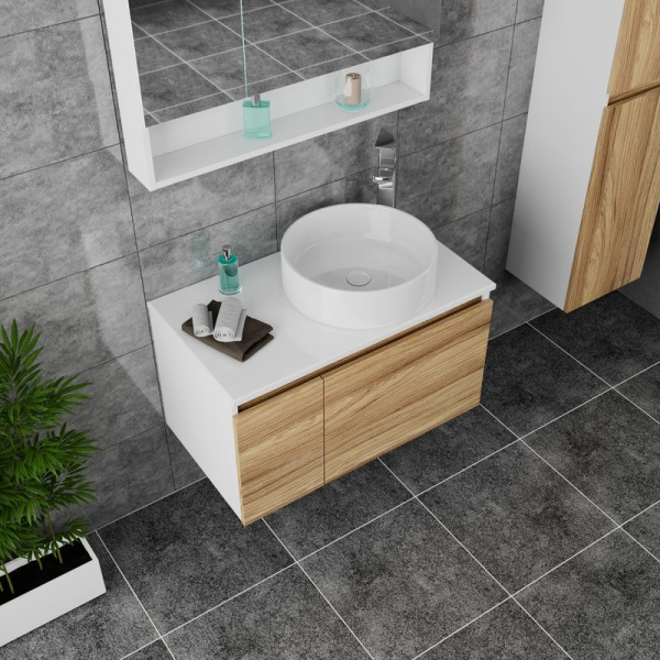 Комплект для ванной, 4 предмета (Тумба Bau Dream Blackwood 80, раковина BAU Dream круглая D41, смеситель для раковины Potato Hotel, выпуск клик клак, белый)