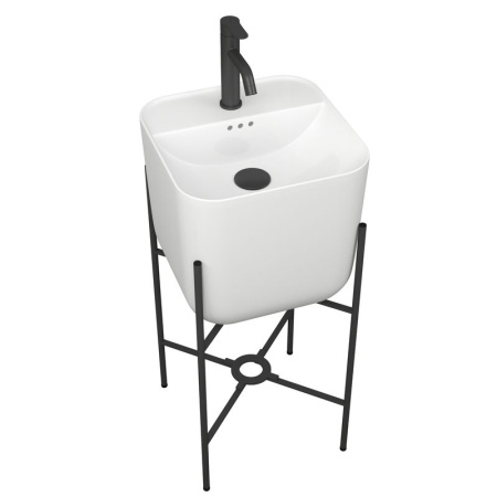 Раковина напольная с металлическими ножками и выпуском (BAU Soul белая + смеситель Dream Black, выпуск клик-клак черный)