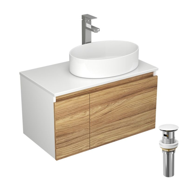 Комплект для ванной, 4 предмета (Тумба Bau Dream Blackwood 80, раковина BAU Nimb 50х36, смеситель для раковины Potato Hotel, выпуск клик клак, белый)