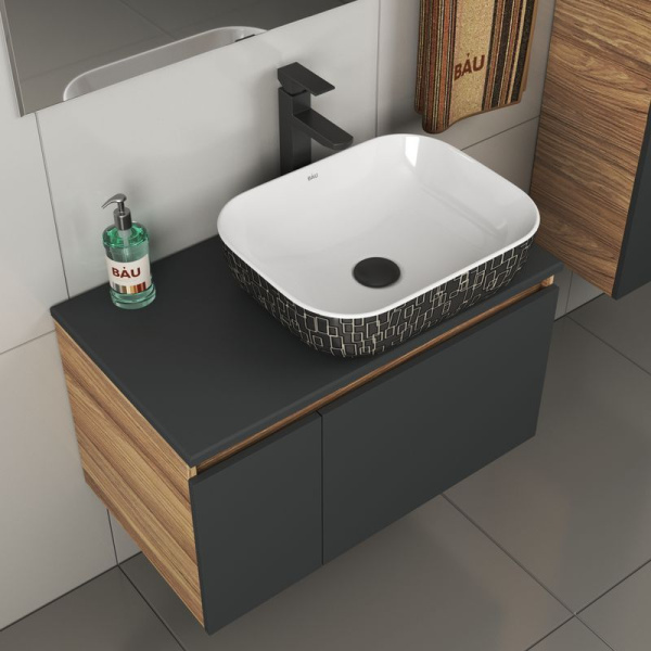 Комплект для ванной, 4 предмета (тумба Bau 80, графит + раковина BAU Stil Black White 50х40 + смеситель Hotel Black, выпуск клик-клак, черный)