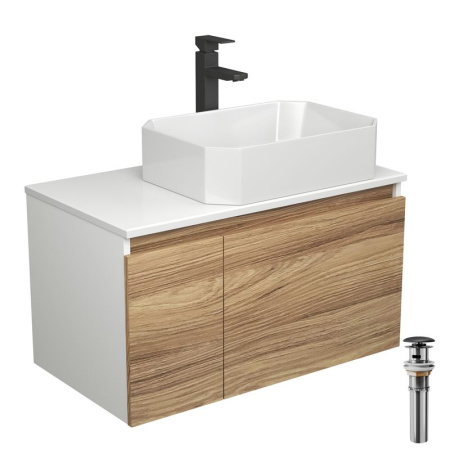 Комплект для ванной, 4 предмета (Тумба подвесная Bau Blackwood 80 + Раковина BAU Hotel 51х37 + Смеситель высокий Hotel Black, черный, выпуск черный)