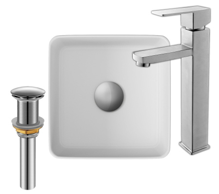 Раковина накладная со смесителем и выпуском (Умывальник BAU Mini квадратный 24х24 белый + смеситель для раковины высокий Hotel Still, выпуск клик клак, хром)