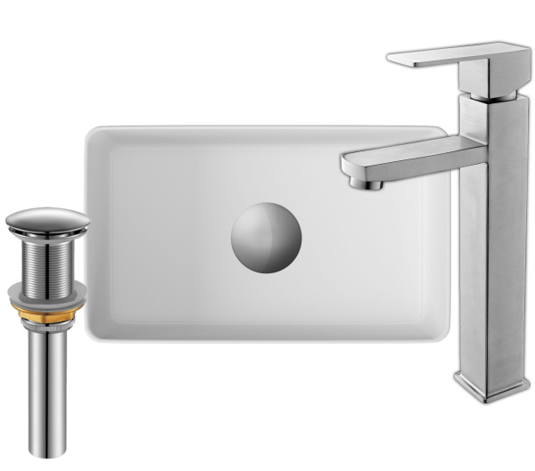 Раковина накладная со смесителем и выпуском (прямоугольная BAU Hotel mini 37х23, белая + смеситель Hotel Still, нер. сталь, выпуск клик-клак хром)