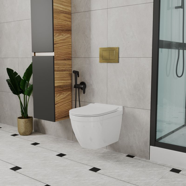 Комплект BAU 6 в 1: инсталляция BAU PRO, унитаз подвесной безободковый Bau Mif PRO, сиденье быстросъемное микролифт, клавиша BAU Stil, бронза