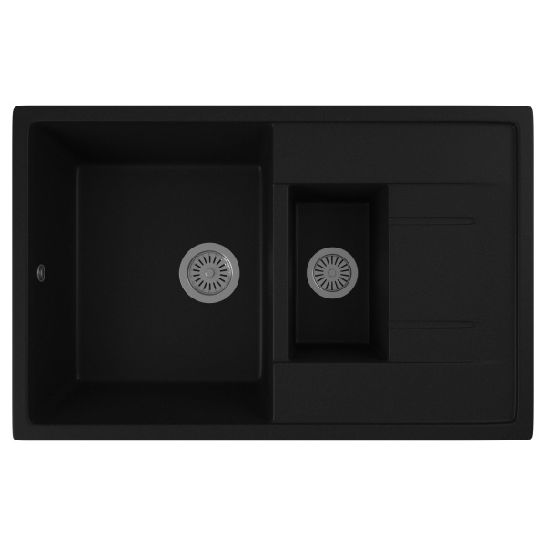Мойка для кухни оборачиваемая полуторная чаша с крылом BAU Stil Black coal 77х50, выпуск с сифоном в комплекте, черный уголь