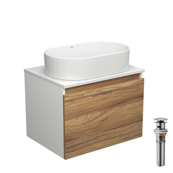 Тумба с раковиной и выпуском (тумба подвесная Bau Dream 60 + раковина овальная BAU Nimb 56х36, белая, выпуск клик-клак, хром)
