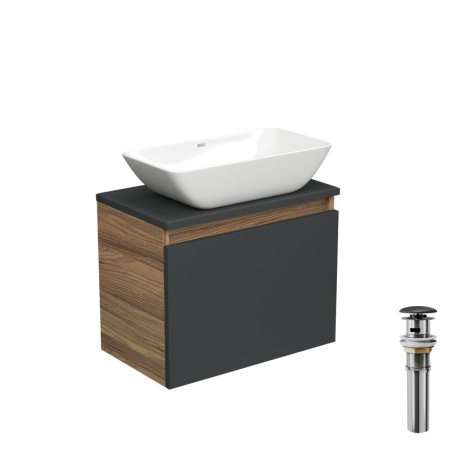 Тумба с раковиной и выпуском (тумба Bau Dream 50, графит + раковина чаша накладная прямоугольная BAU Spectrum mini 47х24, выпуск клик-клак, черный)