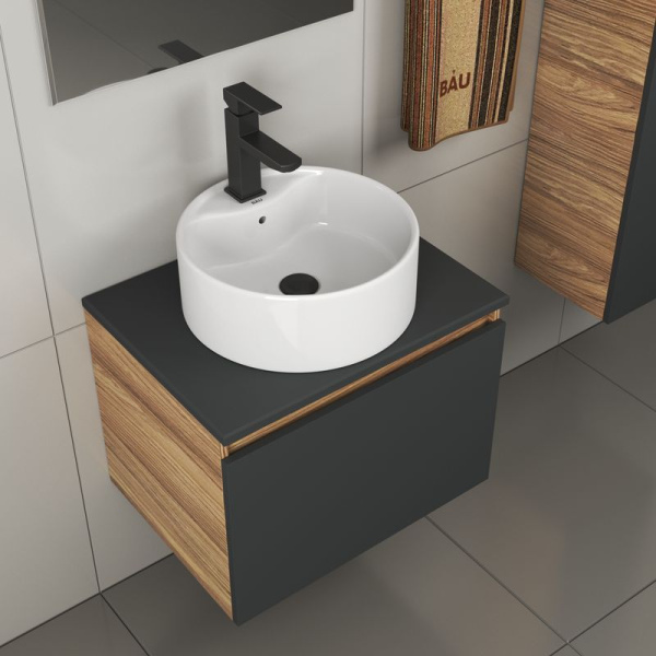 Комплект для ванной, 4 предмета (тумба Bau 60, графит + раковина BAU D40, с отв. под смеситель + смеситель Hotel Black, выпуск клик-клак, черный)