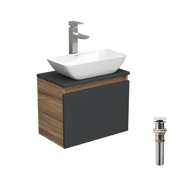 Комплект для ванной, 4 предмета (тумба Bau 50, графит + раковина чаша BAU Spectrum mini 47х24 + смеситель Hotel Still, выпуск клик-клак, белый)