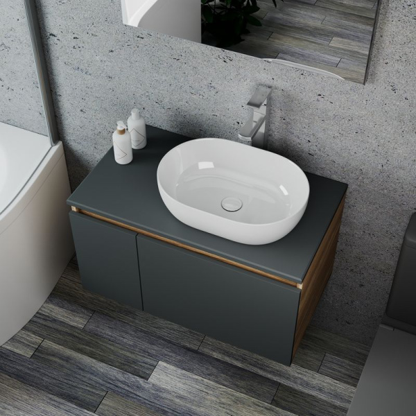 Комплект для ванной, 4 предмета (Тумба подвесная Bau Blackwood 80 графит + Раковина BAU 48х34 + Смеситель Hotel Still, нерж. сталь, выпуск белый)