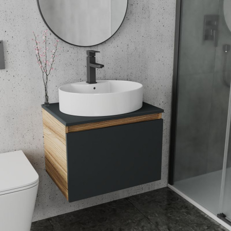 Комплект для ванной, 3 предмета (Тумба подвесная Bau Blackwood 60 графит + Раковина BAU 51х41, с отв. под см-ль, Смеситель Hotel Black, черный)