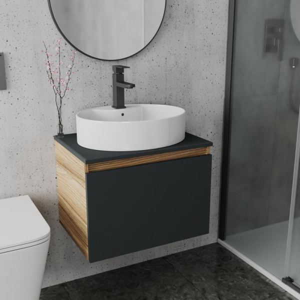 Комплект для ванной, 3 предмета (Тумба подвесная Bau Blackwood 60 графит + Раковина BAU 51х41, с отв. под см-ль, Смеситель Hotel Black, черный)