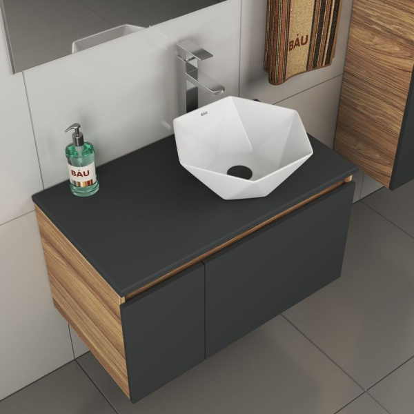 Комплект для ванной, 4 предмета (тумба Bau 80, графит + раковина на столешницу BAU Crystal 40х40 + смеситель Hotel Still, выпуск клик-клак, черный)
