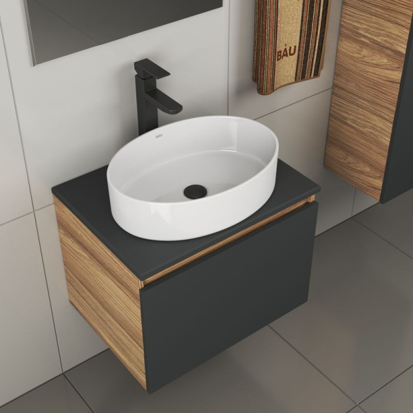 Комплект для ванной, 4 предмета (тумба Bau 60, графит + раковина BAU Nimb 50х36 + смеситель Hotel Black, выпуск клик-клак, черный)