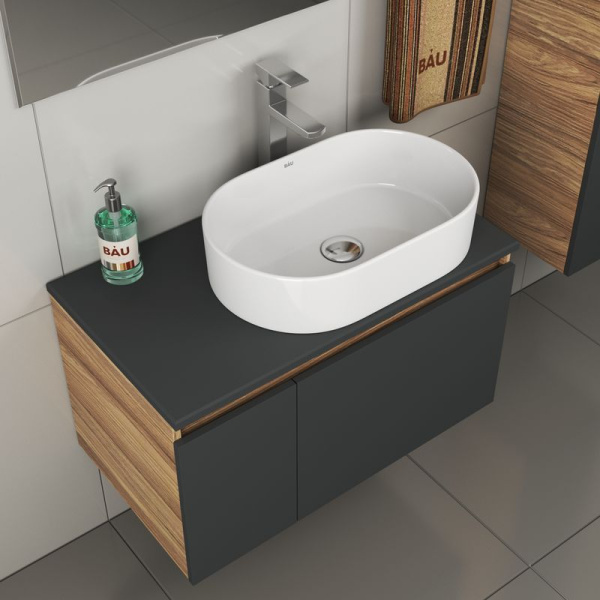 Комплект для ванной, 4 предмета (тумба Bau 80, графит + раковина BAU Nimb 56х36 + смеситель Hotel Still, выпуск клик-клак, хром)