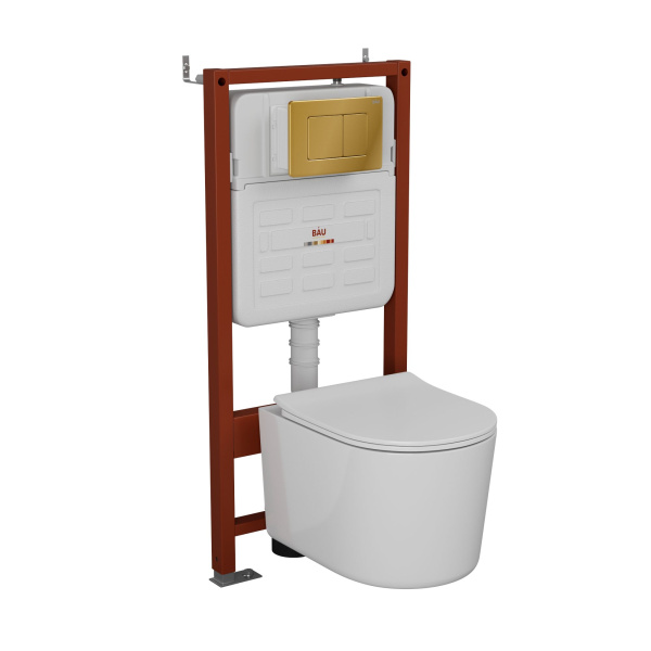 Комплект BAU 6 в 1: усиленная инсталляция BAU IDEAL, унитаз подвесной безободковый Bau Hotel PRO, сиденье микролифт, клавиша BAU Light антивандальная, нерж. сталь золото