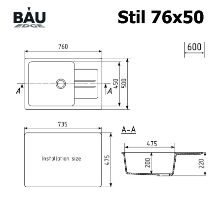 Мойка для кухни оборачиваемая с крылом BAU Stil Gray stone 76х50, выпуск с сифоном в комплекте, серый камень
