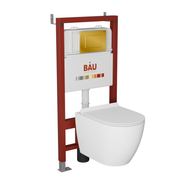 Комплект BAU 6 в 1: инсталляция BAU PRO, унитаз подвесной безободковый Bau Dream PRO, сиденье дюропласт микролифт, кнопка смыва BAU Stil для инсталляции, золото