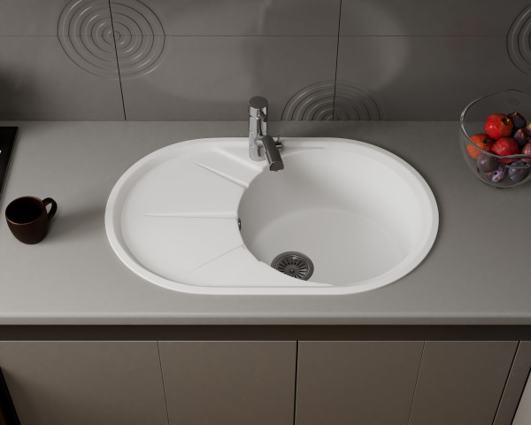 Мойка для кухни оборачиваемая овальная BAU Nimb White snow 75х48, выпуск с сифоном в комплекте, белый снег