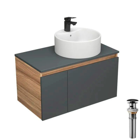 Комплект для ванной, 4 предмета (тумба Bau Dream 80 графит + раковина BAU D40, с отв. под смеситель + смеситель Cerama Black, выпуск клик-клак, черный)