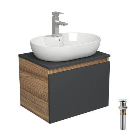 Комплект для ванной, 4 предмета (Тумба подвесная Bau Blackwood 60 графит + Раковина BAU 60х42, с отв. под см-ль + Смеситель Hotel Still, выпуск белый)