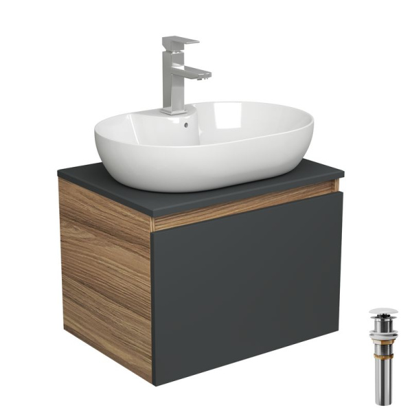 Комплект для ванной, 4 предмета (Тумба подвесная Bau Blackwood 60 графит + Раковина BAU 60х42, с отв. под см-ль + Смеситель Hotel Still, выпуск белый)