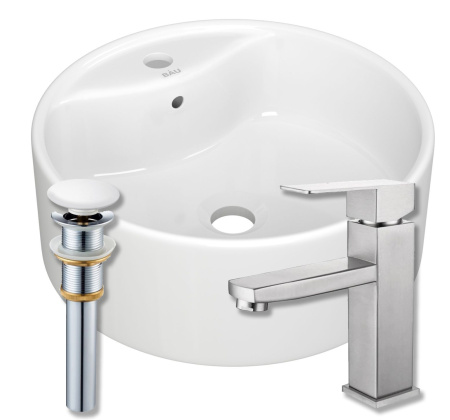 Раковина накладная круглая BAU D40, белая + смеситель Hotel Still, нер. сталь, выпуск клик-клак белый